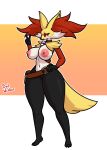 absurd_res anthro areola badwebber big_breasts breasts canid canine delphox fan_character female generation_6_pokemon gesture hand_gesture hi_res invalid_tag mammal nintendo original_character pokemon pokemon_(species) solo v_sign