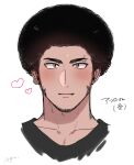  1boy afro age_(moco018) bara blush cropped_shoulders ear_piercing eyebrow_piercing facial_hair fang highres looking_at_viewer male_focus original piercing sideburns smile stubble tan white_background 