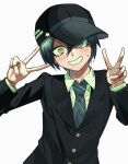  1boy bad_id bad_twitter_id baseball_cap black_hat black_jacket black_sleeves blazer blue_hair blue_necktie buttons coattails collared_jacket collared_shirt commentary_request crazy_grin danganronpa_(series) danganronpa_v3:_killing_harmony double_v eyelashes hair_between_eyes haji_(hajimaji) hat head_tilt highres jacket korean_commentary layered_sleeves light_blush long_sleeves looking_at_viewer male_focus necktie saihara_shuichi school_uniform shirt short_hair simple_background solo star_(symbol) star_print striped_necktie sweatdrop upper_body v white_background white_shirt yellow_eyes 