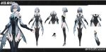  absurdres alisa:_echo_(punishing:_gray_raven) alisa_(punishing:_gray_raven) black_bodysuit black_gloves bob_cut bodysuit clothing_cutout copyright_name cowboy_shot cyyyyy eyes_visible_through_hair full_body gloves grey_eyes grey_footwear grey_hair hair_intakes hair_over_one_eye hairband high_heels highres long_sleeves looking_at_viewer multiple_views official_alternate_costume official_art partially_fingerless_gloves punishing:_gray_raven reference_sheet short_hair shoulder_cutout showgirl_skirt spider_web_hair_ornament standing thigh_cutout turnaround weibo_logo weibo_watermark white_background white_hairband 