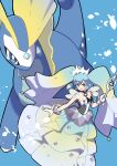  1girl aqua_hair aurorus blue_skin colored_skin diamond_(shape) dinosaur dress gloves hatsune_miku highres holding holding_wand long_hair long_neck pokemon pokemon_(creature) rubyhoenn tiara twintails vocaloid wand 