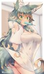  1girl animal_ear_fluff animal_ears ass bare_shoulders black_panties blurry blurry_background breasts cleavage commentary_request food food_in_mouth green_eyes green_hair hair_between_eyes indoors kuromiya kuromiya_raika large_breasts looking_at_viewer mouth_hold multicolored_hair orange_hair original panties popsicle popsicle_in_mouth shirt solo tail towel towel_around_neck twitter_username two-tone_hair underwear white_shirt white_towel 