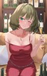  1girl ;d blush bottle breasts champagne_flute cleavage collarbone cup dress drinking_glass green_hair highres holding holding_cup idolmaster idolmaster_cinderella_girls indoors kamoromance614 looking_at_viewer medium_breasts mole mole_under_eye one_eye_closed red_dress sitting sleeveless sleeveless_dress smile solo strap_slip takagaki_kaede wine_bottle 