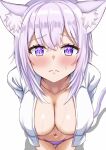  1girl animal_ear_fluff animal_ears blush breasts cat_ears cat_girl cat_tail closed_mouth crossed_bangs hair_between_eyes highres hololive large_breasts looking_at_viewer navel nekomata_okayu nootomo open_clothes open_shirt panties purple_eyes purple_hair purple_panties shirt tail underwear virtual_youtuber white_shirt 