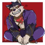 1boy animal_ears bara black_sclera border butterfly_sitting chain chest_hair colored_sclera dog_boy dog_ears dog_tags fangs full_body furry furry_male gakuran garmr_(housamo) grin hands_on_feet happy heart highres jacket male_focus muscular muscular_male open_clothes open_jacket outside_border red_background school school_uniform signature simple_background sitting smile solo tokyo_afterschool_summoners torn_clothes white_border yurunezi 