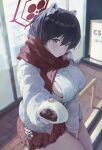  1girl animal_ears between_legs black_eyes black_hair blue_archive blush breasts breath casual food giving halo hand_between_legs highres holding holding_food incoming_food jacket large_breasts looking_at_viewer m.q_(mqkyrie) padded_jacket parted_lips raccoon_ears red_scarf red_skirt scarf short_hair sideboob skirt solo string_bra tsubaki_(blue_archive) winter winter_clothes 