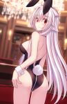  1girl absurdres ahoge animal_ears ass bare_shoulders black_hairband black_leotard blurry blurry_background blush breasts closed_mouth depth_of_field from_behind grey_hair hair_between_eyes hair_flaps hairband hand_on_own_ass highres indoors leotard long_hair medium_breasts murasame_shia original playboy_bunny rabbit_ears rabbit_tail red_eyes smile solo strapless strapless_leotard tail very_long_hair wrist_cuffs zipper zipper_pull_tab 