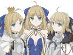  3girls aesc_(fate) aesc_(savior)_(fate) ahoge armor artoria_caster_(fate) artoria_caster_(swimsuit)_(fate) artoria_caster_(swimsuit)_(third_ascension)_(fate) artoria_caster_(third_ascension)_(fate) artoria_pendragon_(fate) black_fur black_ribbon blonde_hair blue_bow blue_ribbon bow breasts cape capelet closed_mouth crown diamond_(shape) fate/grand_order fate_(series) fur-trimmed_cape fur-trimmed_capelet fur_trim green_eyes hair_between_eyes hair_bow highres kino_kokko looking_at_viewer multiple_girls red_hair revision ribbon small_breasts swimsuit white_background white_cape white_fur white_ribbon 