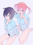  2girls bare_legs black_hair black_panties blue_eyes blue_shirt blush breasts cleavage collared_shirt commentary_request grey_background highres long_sleeves medium_hair multiple_girls open_mouth original panties pink_hair red_eyes shirt short_hair simple_background sitting smile two_side_up underwear valentine_(02140314c) wariza 