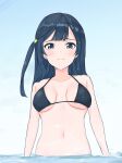  1girl black_bra black_hair blush bra breasts breasts_apart closed_mouth collarbone commentary_request furrowed_brow highres long_hair looking_at_viewer love_live! love_live!_nijigasaki_high_school_idol_club medium_breasts midriff navel one_side_up partially_submerged solo standing tatsumi432 underwear upper_body water wet wet_hair yuki_setsuna_(love_live!) 