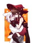  1boy 1girl back_bow black_bow black_gloves black_ribbon border bow bowtie brown_hair carrying carrying_person fins fish_tail forced_smile funamusea gloves hair_between_eyes hand_around_neck hand_on_another&#039;s_face hat hat_ribbon head_fins heart highres looking_at_viewer melonenbrot official_alternate_costume oounabara_to_wadanohara orange_background pants pleated_skirt pointy_ears red_bow red_bowtie red_eyes red_hat red_sailor_collar red_shirt red_skirt ribbon sailor_collar shark_boy shark_fin shark_tail shirt sidelocks skirt sleeveless sleeveless_shirt smug suit syake_(funamusea) tail teeth wadanohara white_border white_hair white_pants white_suit witch_hat 