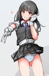  1girl ass_visible_through_thighs black_hair brown_eyes collared_shirt dress_shirt eyebrows_hidden_by_hair gloves grey_skirt grey_vest grin hayashio_(kancolle) hayashio_kai_ni_(kancolle) heart kantai_collection long_hair mani_oniniku mole mole_under_eye one-hour_drawing_challenge panties parted_lips pleated_skirt shirt simple_background skirt smile solo striped_clothes striped_panties underwear v vest white_gloves white_shirt 