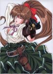  1990s_(style) 1girl aiming aiming_at_viewer arm_behind_head arm_up belt blue_eyes breasts brown_hair bullet cleavage gloves green_skirt gun gunblaze hair_ribbon high_ponytail highres holding holding_gun holding_weapon holster long_hair long_skirt long_sleeves looking_at_viewer medium_breasts non-web_source official_art one_eye_closed open_mouth outstretched_arm retro_artstyle revolver ribbon simple_background skirt solo very_long_hair weapon white_background 
