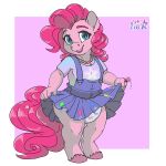  1:1 anthro anthrofied blue_eyes bodily_fluids bottomwear candy clothed clothing clothing_lift dessert diaper diaper_under_clothing diaper_under_skirt earth_pony equid equine exposed_diaper female food friendship_is_magic hair hasbro heart_background heart_print hi_res hooves horse jewelry looking_at_viewer mammal my_little_pony necklace open_mouth overall_dress overalls pink_hair pinkie_pie_(mlp) pony poofy_hair ring_pop saliva shirt signature simple_background skirt skirt_lift smile solo standing stargal_galexi t-shirt tail_under_skirt teeth topwear 