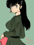  1girl bag belt black_belt black_eyes black_hair dated dress earrings expressionless from_side green_background green_dress holding holding_bag jewelry jian_yin long_hair looking_afar maison_ikkoku otonashi_kyouko red_bag signature simple_background solo 