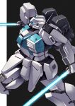  absurdres assault_visor beam_saber black_background dual_wielding flying gundam gundam_sentinel highres holding holding_sword holding_weapon mecha mecha_focus mobile_suit nero_(mobile_suit) no_humans radio_antenna robot science_fiction sword takahashi_masaki two-tone_background weapon white_background 