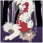 anthro blush breath butt canid canine duo facesitting forest generation_7_pokemon graedius_(artist) grin lycanroc lying male male/male mammal midnight_lycanroc nintendo plant pokemon pokemon_(species) rockruff sitting_on_another smile stomak tree