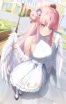  1girl absurdres angel_wings arms_behind_back bare_shoulders blue_archive doggo34476335 dress feathered_wings foreshortening frilled_ribbon frills green_eyes hair_bun halo highres long_hair low_wings mika_(blue_archive) pink_hair pink_halo pout ribbon single_side_bun sleeveless sleeveless_dress white_dress white_wings wing_ornament wings 