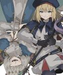  1boy 1girl arthropod_boy artoria_caster_(fate) artoria_caster_(second_ascension)_(fate) artoria_pendragon_(fate) belt beret black_gloves blonde_hair blue_belt blue_cape blue_capelet blue_cloak blush butterfly_wings buttons cape capelet cloak crown diamond_hairband double-breasted dress fate/grand_order fate_(series) gloves green_eyes grey_hair hat highres holding holding_staff hood hooded_cape insect_wings long_hair long_sleeves looking_at_viewer marmyadose_(fate) medium_hair multicolored_cape multicolored_capelet multicolored_cloak multicolored_clothes o-ring o-ring_belt oberon_(fate) open_mouth ornament pantyhose smile staff striped_belt syusyaku twintails wings 