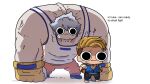  2boys :3 anatomical_nonsense barefoot black_eyes black_footwear black_pants blonde_hair blue_hoodie cartoonized chibi english_commentary english_text frown grey_hair highres hood hoodie luke_sullivan miyan_(oceanmaiden) multiple_boys muscular muscular_male nervous_sweating orange_pants pants player_character_(street_fighter_6) shadow short_hair sleeveless sleeveless_hoodie smile street_fighter street_fighter_6 sweat tank_top toon_(style) white_background white_tank_top 