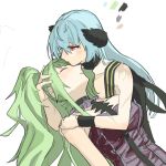  2girls bare_arms black_choker black_dress blue_hair choker closed_mouth commentary_request deep_dig dress girls&#039;_frontline green_hair hand_on_another&#039;s_head hand_on_another&#039;s_shoulder highres hug long_hair m950a_(girls&#039;_frontline) multiple_girls parted_lips red_eyes simple_background strapless strapless_dress thunder_(girls&#039;_frontline) twintails white_background wristband yuri 