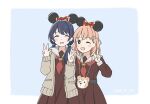  2girls ;d ^_^ animal_ear_hairband animal_ears blue_hair blue_ribbon border bow bow_hairband bright_pupils brown_cardigan brown_dress cardigan closed_eyes commentary_request cowboy_shot crossed_bangs dark_blue_hair dated double_v dress facing_viewer fake_animal_ears hair_ornament hair_ribbon hairband hands_up hasu_no_sora_school_uniform highres hinoshita_kaho light_blue_background link!_like!_love_live! long_hair long_sleeves looking_at_viewer love_live! low_twintails medium_hair minnie_mouse_ears mole mole_on_neck mouse_ears multiple_girls murano_sayaka neckerchief one_eye_closed open_cardigan open_clothes open_mouth orange_hair outside_border pleated_dress polka_dot polka_dot_bow rabbit_hair_ornament red_bow red_neckerchief ribbon sailor_collar sailor_dress school_uniform smile tottsan twintails two_side_up v virtual_youtuber white_border white_bow white_pupils white_sailor_collar winter_uniform 