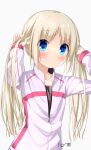  1girl alternate_hairstyle blue_eyes blush bright_pupils closed_mouth commentary_request eyes_visible_through_hair flat_chest hands_up happy highres holding holding_hair jacket kudpoid_(71139) light_brown_hair little_busters! long_hair looking_at_viewer noumi_kudryavka parted_bangs partially_unzipped purple_jacket signature simple_background smile solo split_mouth straight_hair tareme track_jacket twintails upper_body very_long_hair white_background zipper 