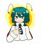  1girl antennae ascot black_ascot black_cape blue_eyes blush cape closed_mouth collared_shirt commentary_request derivative_work green_hair hand_on_own_chest kukino_esuna long_sleeves looking_at_viewer medium_bangs red_cape redrawn shirt short_hair smile solo touhou two-sided_cape two-sided_fabric upper_body white_shirt wriggle_nightbug 