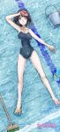  1girl black_hair blue_footwear blue_one-piece_swimsuit bucket can from_above full_body green_eyes highres holding holding_can lying mop on_back one-piece_swimsuit one_eye_closed original partially_submerged sandals short_hair solo swimsuit tsune_(dreamers_express) unworn_sandals water 
