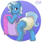  ageplay blue_body blue_hair blue_tail bodily_fluids bottomwear clothed clothing diaper embarrassed equid equine female feral friendship_is_magic furgonomic_bottomwear furgonomics genital_fluids grabbing_pillow hair hasbro hi_res hooves horn infantilism leaning looking_at_viewer looking_back mammal my_little_pony mythological_creature mythological_equine mythology pattern_diaper pillow purple_eyes roleplay shirt smile solo standing stargal_galexi tail tank_top teeth topwear trixie_(mlp) unicorn urine wet_diaper wetting wetting_diaper 