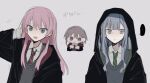  ... 3girls bang_dream! bang_dream!_it&#039;s_mygo!!!!! black_cloak blue_hair blue_sweater_vest blush brown_eyes chibi chihaya_anon cloak closed_mouth collared_shirt commentary_request green_necktie grey_background grey_eyes grey_hair grey_sweater_vest harry_potter_(series) hogwarts_school_uniform hood hood_down hood_up hooded_cloak long_hair looking_at_viewer multiple_girls necktie open_mouth pink_hair red_necktie saifu_(saihu715) school_uniform shirt short_hair sidelocks simple_background spoken_ellipsis sweatdrop sweater_vest takamatsu_tomori togawa_sakiko translated upper_body white_shirt wizarding_world 