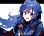  1girl :d blue_cape blue_eyes blue_gloves blue_hair cape fingerless_gloves fire_emblem fire_emblem_awakening gloves long_hair long_sleeves looking_at_viewer lucina_(fire_emblem) nagi_(marthmoka) open_mouth red_cape sidelocks smile solo tiara twitter_username two-tone_cape upper_body 