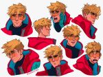  1boy :o artist_name blonde_hair blue_eyes earrings english_commentary glasses highres jacket jewelry kavaleyre light_frown looking_at_viewer mole mole_under_eye multiple_views orange-tinted_eyewear prosthesis prosthetic_hand red_jacket short_hair smile tinted_eyewear trigun trigun_stampede vash_the_stampede white_background 