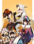  3boys 3girls absurdres animal_ears arataki_itto asymmetrical_hair black_hair blonde_hair brown_hair camera chinese_clothes chiori_(genshin_impact) closed_mouth colored_inner_hair crossed_arms dangle_earrings dog_ears dress earrings english_text fur_collar genshin_impact ginkgo_leaf gloves gorou_(genshin_impact) green_eyes grey_hair hair_ornament hair_stick hat height_difference highres holding holding_camera horns japanese_clothes jewelry kurogawa_shion leaf light_smile lips long_hair long_sleeves multicolored_hair multiple_boys multiple_girls ningguang_(genshin_impact) on_stool open_mouth parted_lips puffy_long_sleeves puffy_sleeves red_eyes red_horns sitting smile standing stool taking_picture tassel tassel_hair_ornament two-tone_hair very_long_hair yun_jin_(genshin_impact) zhongli_(genshin_impact) 