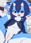 2024 anthro anus aoi_(nenenero) banknote bed biped black_nightgown blue_body blue_hair clitoris condom dragon fangs featureless_chest female furniture genitals green_eyes hair heart_symbol hi_res holding_condom holding_object horn inviting kemono lying lying_on_bed money mythological_creature mythological_scalie mythology navel nenenero nightgown offering_sex on_bed open_mouth open_smile pawpads presenting presenting_pussy pussy scalie sexual_barrier_device smile solo speech_bubble spread_legs spreading teeth translucent_nightgown unused_condom white_body wrapped_condom