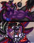 4_ears anthro avali belly big_belly bodily_fluids claws dritazura duo fangs feathered_wings feathers fur hi_res lying lying_on_ground male maxime_soad mouth_shot multi_ear neck_bulge on_back open_mouth oral_vore racknage saliva simple_background size_difference smile swallowing tail teeth tongue tongue_out vore wings