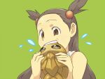  1girl biting brown_eyes brown_hair flying_sweatdrops geregere_(lantern) grey_background hair_bobbles hair_ornament harden_(pokemon) holding holding_pokemon jasmine_(pokemon) kakuna long_hair pokemon pokemon_(creature) pokemon_hgss short_twintails simple_background teeth twintails 