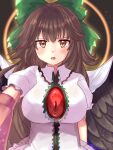  1girl absurdres arm_cannon black_wings blush bow breasts brown_eyes brown_hair commentary_request green_bow hair_bow highres kashiwara_mana large_breasts looking_at_viewer open_mouth reiuji_utsuho short_sleeves solo third_eye touhou upper_body weapon wings 
