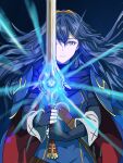  1girl armor blue_background blue_cape blue_eyes blue_gloves blue_hair cape closed_mouth commentary_request falchion_(fire_emblem) fingerless_gloves fire_emblem fire_emblem_awakening floating_hair gloves glowing glowing_sword glowing_weapon hair_between_eyes highres holding holding_sword holding_weapon long_hair looking_at_viewer lucina_(fire_emblem) matchanosuke_fe pauldrons red_cape shoulder_armor simple_background solo sword symbol-shaped_pupils tiara two-tone_cape weapon 