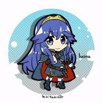  1girl artist_name blue_cape blue_eyes blue_footwear brand_of_the_exalt cape character_name chibi chibi_only closed_mouth fingerless_gloves fire_emblem fire_emblem_awakening full_body gloves hand_on_own_chest kiritaki long_hair long_sleeves looking_at_viewer lucina_(fire_emblem) red_cape smile solo symbol_in_eye tiara two-tone_cape very_long_hair 