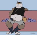 absurd_res anthro belly big_belly canid canine canis epic_games fortnite furniture hi_res male mammal mindof navel overweight overweight_anthro overweight_male sitting sofa solo wendell_(fortnite) wolf yellow_eyes