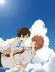  1girl brown_hair cloud couple day eye_contact falling hetero holding_hands konno_makoto looking_at_another mameko mamiya_chiaki profile school_uniform short_hair sky toki_wo_kakeru_shoujo 