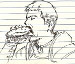  1boy armor burger closed_eyes commentary dungeon_meshi eating english_commentary food greyscale hahapoopjoke hand_up highres holding holding_food laios_touden male_focus monochrome open_mouth plate_armor portrait short_hair solo traditional_media 