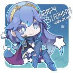  1girl artist_name blue_cape blue_eyes blue_footwear blue_hair brand_of_the_exalt cape chibi chibi_only closed_mouth commentary_request dated eyelashes fire_emblem fire_emblem_awakening full_body happy_birthday long_hair long_sleeves looking_at_viewer lucina_(fire_emblem) red_cape ryoto_soukyuu smile solo star_(symbol) symbol_in_eye tiara two-tone_cape very_long_hair 