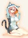  animal_hood bare_legs barefoot blush breasts cat_hood collarbone gen_(black_factory) headphones hood impossible_clothes impossible_shirt large_breasts miniskirt nitroplus pink_eyes pink_hair shirt sitting skirt smile solo super_sonico tail wariza 