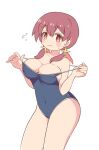  1girl blue_one-piece_swimsuit breasts cleavage clothes_pull competition_school_swimsuit cowboy_shot flying_sweatdrops large_breasts low_twintails medium_hair murosaki_miyo one-piece_swimsuit one-piece_swimsuit_pull onii-chan_wa_oshimai! pon_sugar red_eyes red_hair school_swimsuit simple_background solo swimsuit twintails white_background 