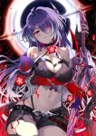  1girl acheron_(honkai:_star_rail) bare_shoulders belt black_belt black_choker black_gloves black_hole black_shorts body_markings breasts chain chain_around_arm choker cleavage coat cowboy_shot detached_sleeves earrings electricity eyes_visible_through_hair flower gloves hair_between_eyes hair_ornament hair_over_one_eye highres holding holding_sword holding_weapon honkai:_star_rail honkai_(series) jewelry katana large_breasts long_hair looking_at_viewer markings midriff multicolored_eyes multicolored_hair navel parted_lips purple_hair red_eyes red_flower scabbard sheath sheathed shorts single_glove solo standing stomach streaked_hair sword thighs weapon white_coat white_hair xephonia 