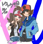  1boy 1girl baseball_cap blue_eyes blue_jacket brown_eyes brown_hair cropped_legs denim denim_shorts exposed_pocket hand_in_pocket hat highres hilbert_(pokemon) hilda_(pokemon) jacket looking_at_viewer open_mouth po_posan pokemon pokemon_bw ponytail shorts smile wristband 