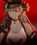  1girl absurdres arknights arm_strap black_choker black_gloves black_hat black_jacket breasts choker closed_mouth collarbone commentary_request dragon_horns duanlie_heng_xian gloves grey_hair hat highres horns jacket large_breasts long_hair looking_at_viewer official_alternate_costume orange_eyes peaked_cap police_hat red_background saria_(arknights) saria_(the_law)_(arknights) shirt single_bare_shoulder solo upper_body very_long_hair white_shirt 