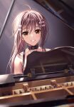  1girl ahoge bare_shoulders black_choker blurry blush brown_eyes brown_hair choker commentary_request cuckoo_ki depth_of_field earrings eyelashes eyes_visible_through_hair grin hair_between_eyes hair_ornament hairclip highres instrument jewelry light_particles light_rays long_hair looking_at_viewer minakami_yuki necklace piano ponytail sidelighting simple_background smile solo spaghetti_strap straight_hair stud_earrings subarashiki_hibi sunbeam sunlight upper_body 